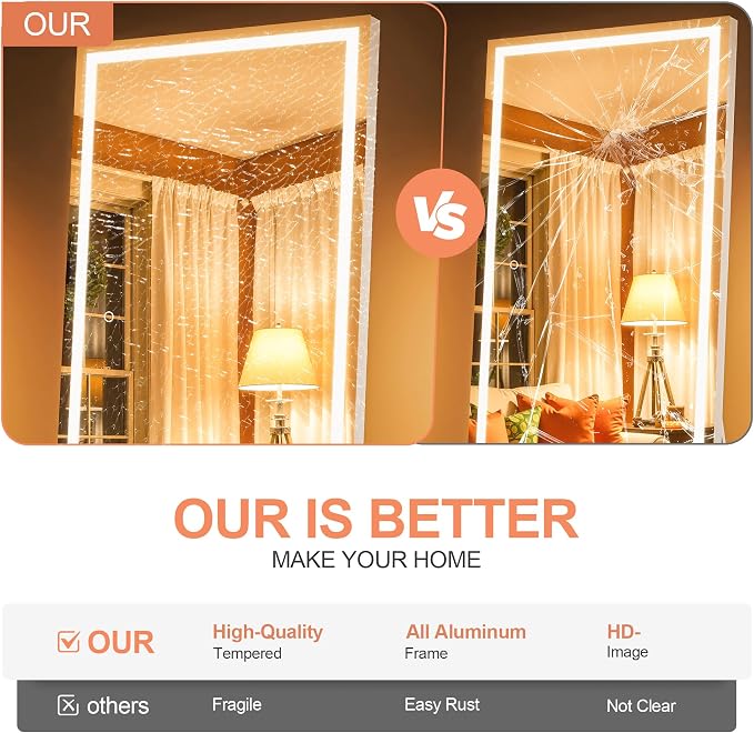 Full Length Mirror with Lights, 67" x 24" LED Lighted Floor Standing Body Mirror, Dimmable & 3 Color Lighting for Bedroom, Cloakroom, Dressing Room, Tempered Glass, White Frame