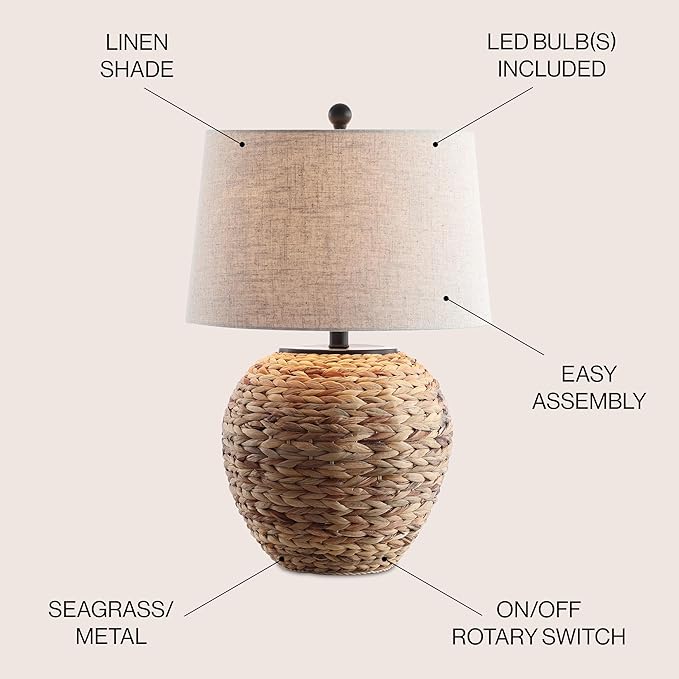 JONATHAN Y 24.5" Natural Water Hyacinth Farmhouse Basket Table Lamp, Coastal Decor for Living Room Bedroom Nightstand, Light Gray Linen Shade, LED Bulb Included JYL6501A