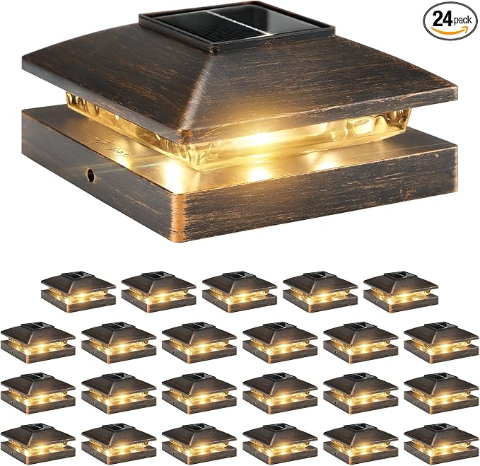Solar Post Cap Lights Outdoor 24pack, Waterproof Solar Powered Deck Fence Post Lights Fit 4x4 Wood/Vinyl Posts, Bright Warm White Solar Post Lights Decorate Deck, Patio, Porch, Fence(Copper)