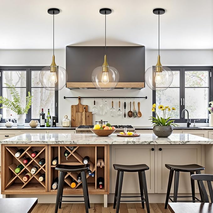 9.45in Black Gold Pendant Lights Kitchen Island with Clear Glass Shade 1PC | Handcrafted Glass Pendant Light Fixtures, UL Certified, E26 Base 100W Max, Height-Adjustable, Dimmable Hanging Pendant Light
