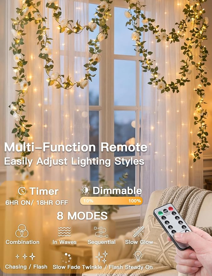 60LED Garland with White Camellia Lights Battery Operated Clear Wire | Vines Fairy Lights with Remote,Artificial Fake Flowers String Lights for Wedding,Bedroom,Centerpieces Decor(Warm White)