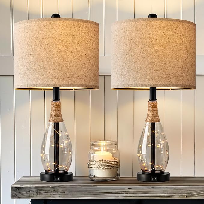 23" Table Lamps for Living Room Set of 2 Bedside Lamps for Night Stands Bedroom Lamps Farmhouse Rattan Boho Lamp Glass Nightlight End Table Lamp with USB C+A (Black),Two Light Points