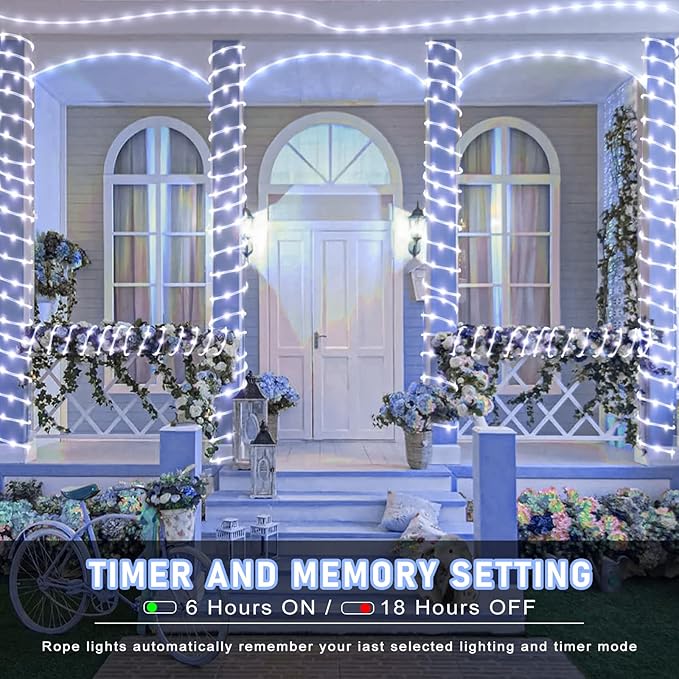 100FT 300 LED Rope Lights for Outside, Connectable Rope Lights Outdoor Waterproof with 8 Modes, Plug in Christmas String Lights for Deck, Garden, Patio, Landscape, Pool, Party Decorations - White