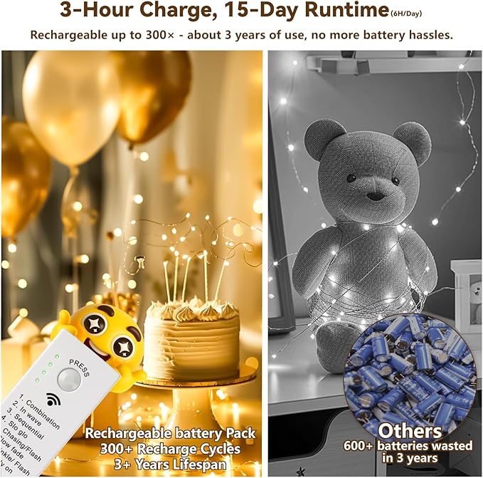 ZSJWL Rechargeable Fairy Lights with DIY Timer & 8 Modes, 16FT 50LED String Lights Battery Operated Indoor, Twinkle mini Lights for Bedroom Christmas Wedding Centerpiece Decor (Warm White)