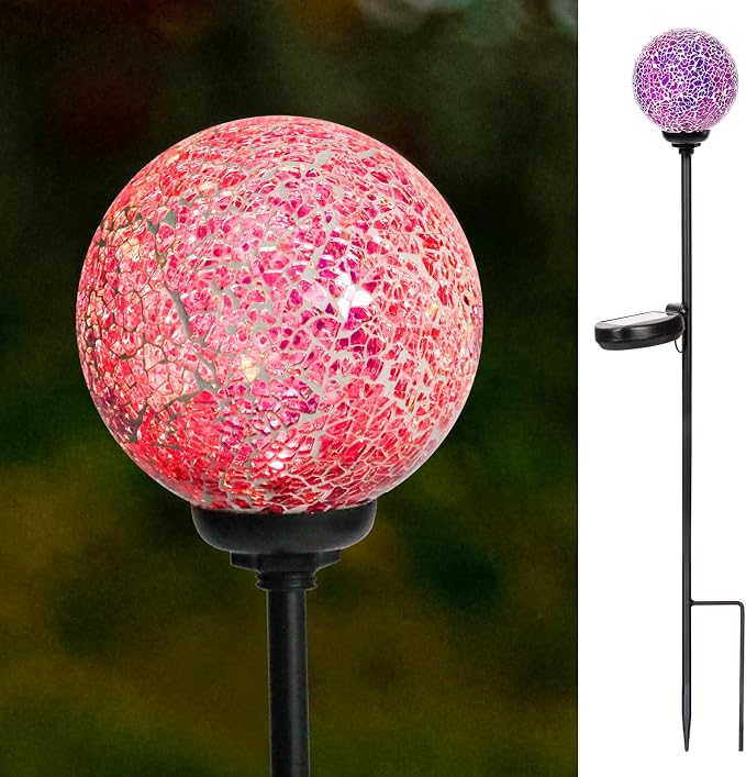 VCUTEKA Decorative Solar Garden Lights, 3.5" Mosaic Globe Outdoor Stake | Mosaic Glass Globe Design, Solar LED Light, Waterproof Design, Auto On/Off and Metal Stake Design for Lawn and Patio