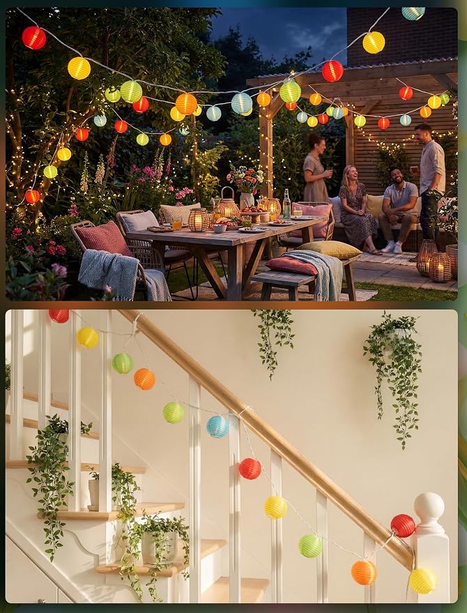 8.5Ft LED Lantern String Lights Plug in, Summer Outdoor Decor Fairy Lights | 10 Waterproof Multicolor Lanterns, Connectable Hanging Patio Lights for Hawaiian Camping Tent Holiday Party Garden