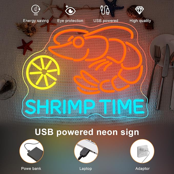 Shrimp Time Neon Sign LED Anime Light Up Bar Kitchen Shrimp Neon Signs for Wall Decor Seafood LED Sign Lobster Orange Light Up Bar Decor Restaurant Game Room Art Wall Restaurant Gifts for Beer Lover