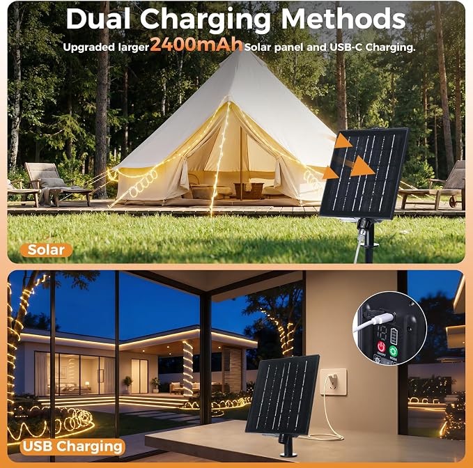 Connectable 200FT 1200LED Solar Rope Lights Outdoor Waterproof | 1.97'' LED Spacing More Brighter, USB & Solar Powered Fairy Lights for Outside Yard Tree Pool Christmas Decor, Warm White