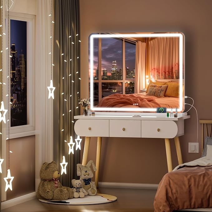 Hasipu Vanity Mirror with Lights, 37.4" x 26" LED Makeup Mirror, Lighted Makeup Mirror with Dimmable 3 Modes, Touch Screen Control Vanity Mirror Round White