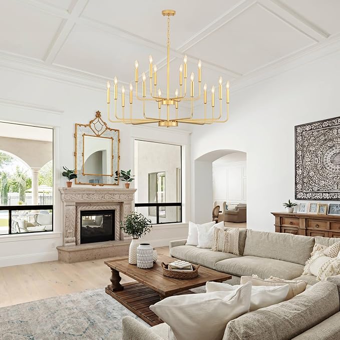 Gold Chandeliers for Dining Room Light Fixture Over Table, Modern Farmhouse Chandeliers for Living Room,12-Lights Industrial Metal Candle Lighting Fixtures for Entryway Kitchen Island Foyer