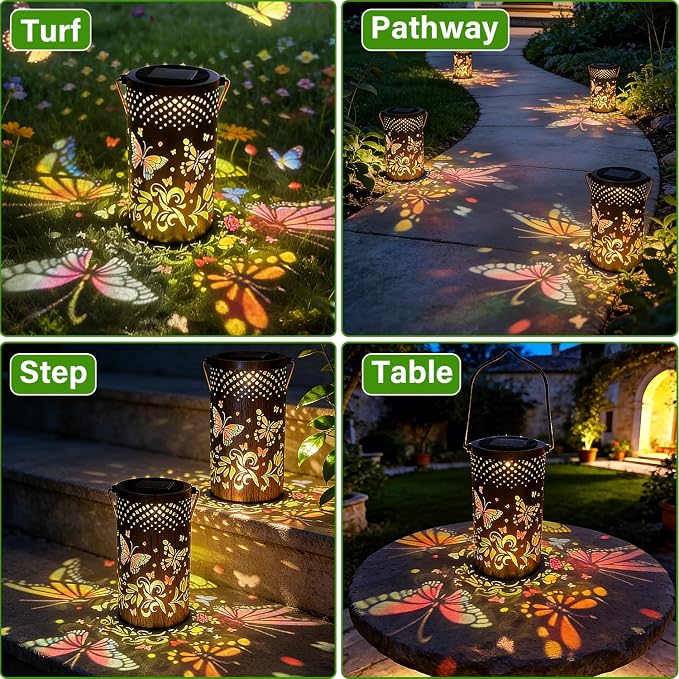 Colorful Solar Lanterns Outdoor Waterproof, Garden Decor LED Butterfly Solar Lights Gifts for Women Mom Sister Grandma, Metal Hanging Lantern for Outside Table Tree Garden Patio Yard Lawn Porch Decor