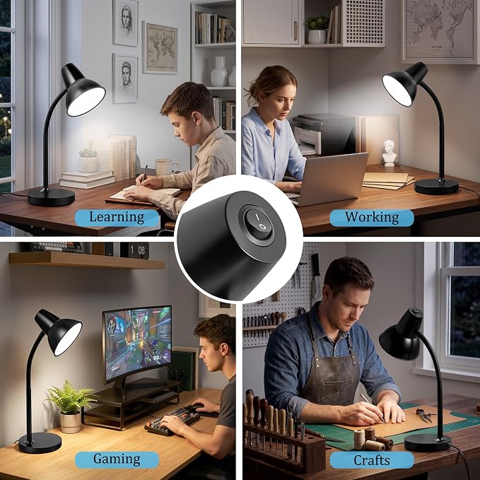 LED Desk Lamps for Home Office, Flexible Gooseneck Eye-Caring Study Lamps | Energy-Saving Desk Light, Anti-tip Heavy Duty Bedside Reading Light, Desk Lamps for College Dorm, Home Office, with 1.6m Cord