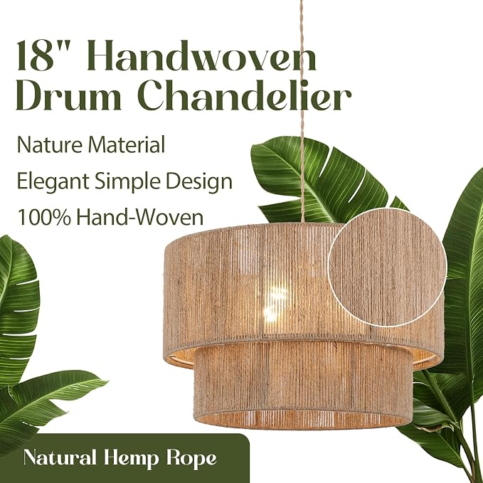18” Plug in Pendant Light, Hanging Light Fixture with Hemp Rope Lampsahde, Handwoven 2 Tier Drum Boho Plug in Chandelier for Dinning Room, Bedroom and Living Room