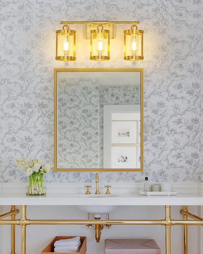 3-Light Brushed Gold Bathroom Light Fixtures, 21 Inch Modern Bathroom Vanity Lighting Fixtures Over Mirror with Clear Glass and Metal Cage Wall Sconce Lights for Bath, E26, OS-3014BG-3W