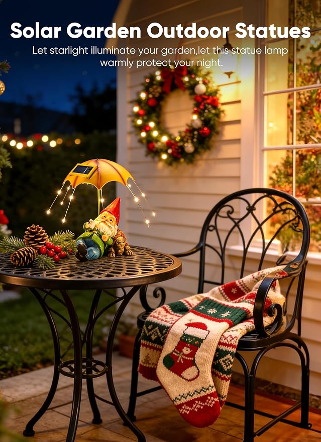 Brightown Solar Garden Decor Gnome Statue Light with 32 LED Lights, Gnome with Umbrella, Hand-Painted Resin, IP65 Waterproof Outdoor Decor for Patio, Balcony & Yard Decorations, Unique for Mom