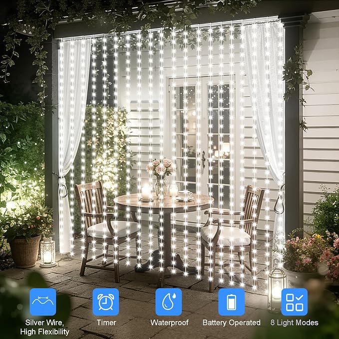 echosari Curtain Lights Battery Operated 9.8 x 9.8Ft with Timer Cool White | 300 LED Fairy Lights with Hooks for Bedroom Wedding Backdrop Indoor Christmas Decor
