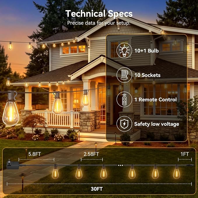 100FT Outdoor String Lights with Remote, Waterproof Patio Lights with 35+1 Shatterproof LED Bulbs,Dimmable Hanging Decor for Backyard Garden Porch Bistro, Timer & 3 Modes,2200K Warm White