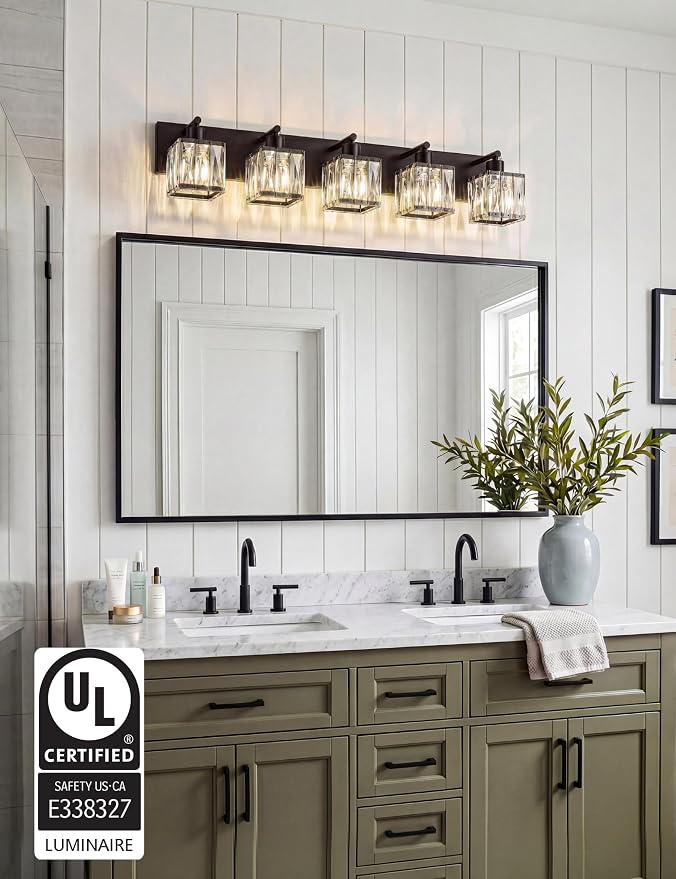 VOLISUN Black Bathroom Light Fixtures, Modern Bathroom Lighting Fixtures Over Mirror, 5 Light Bathrooms Vanity Light, Crystal Vanity Light for Bathrooms-UL Certificated(Exclude Bulb)