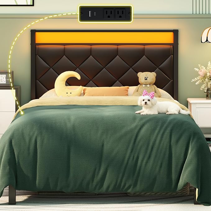 Twin Bed Frame with Charging Station, LED Light and PU Leather Upholstered Headboard, Platform Bed Frame with Under-Bed Storage, Easy Assembly, Noise Free, No Box Spring Needed, Black