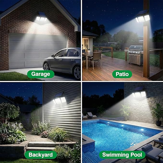 Solar Outdoor Lights Motion Sensor, 3500LM 286 LED Security Flood Lights with Visual Battery & Mode Display, 3 Lighting Modes, IP65 Waterproof 3-Head Wide Angle for Garage, Yard, Patio (4 Pack)