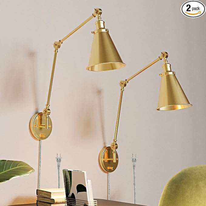 Plug in Wall Sconces Set of Two, Gold Swing Arm Wall Lamp with 6.6FT Plug-in Cord and Knob Switch, Metal Hardwired Wall Lights for Bedroom, Reading, Study Room, Office, Living Room (2 Pack)