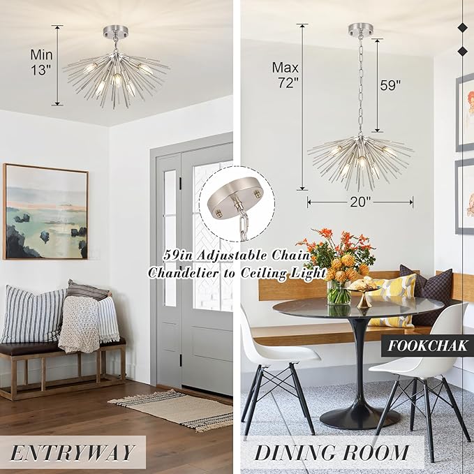 Nickel Sputnik Chandelier 6-Light Starburst Chandelier Ceiling Light Mid Century Modern Satellite Light Fixture Solid Metal Urchin Chandeliers for Entry Dining Room Kitchen Sink Bathtub