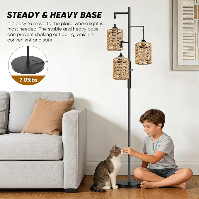ROTTOGOON Dimmable Rattan Floor Lamp, 3 x 800LM LED Bulbs Included, Boho Tree Standing Lamps with 3 Hand-Woven Octagonal Lantern Shades, Industrial Floor Lamp for Living Room, Bedroom, Office - Black