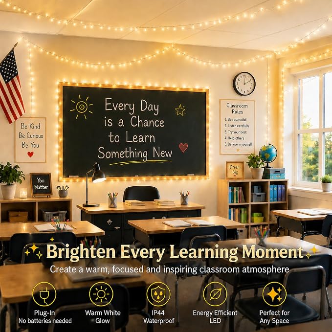 PJT 200 LED Classroom String Lights 66FT Warm White Fairy Lights, Teacher Classroom Decor Plug in Lights with 8 Lighting Modes for Bulletin Board, Reading Corner, Wall, Back to School, Home Decor