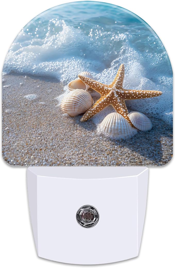 Starfish and Seashells on Beach Night Light for Kids,Summer Beach Ocean Waves Plug in Night Light with Dusk to Dawn Sensor, 0.5w Energy Saving Nightlight for Hallway Stairway Kitchen Bedroom