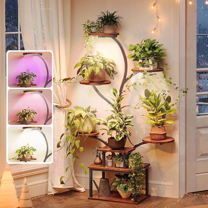 51 Inch Plant Stand with Grow Lights, 8 Tiered Indoor Plant Shelf | Corner Plant Rack with Larger Flower Holder, Curved-tubed Design, 3 Light Modes, for Living Room, Rustic Brown