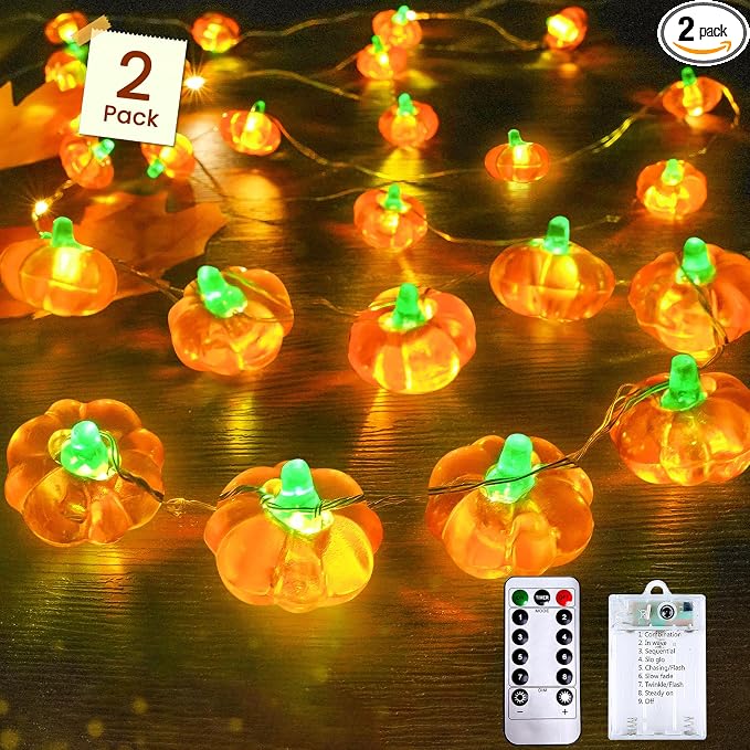 2 Pack 30LED Pumpkin Fall Decorations String Lights Battery Operated Remote | 20FT, 3D Pumpkin Fairy Twinkle Lights with Timer, 8 Modes, Waterproof Outdoor Autumn Harvest, Thanksgiving, Halloween Decor