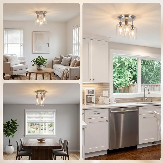 Semi Flush Mount Ceiling Light, 3 Light Close to Ceiling Light Fixtures, Brushed Nickel Finish Kitchen Light Fixtures with Clear Glass Shades, Modern Hallway Light Fixtures Ceiling Mount, 8.8"X11"