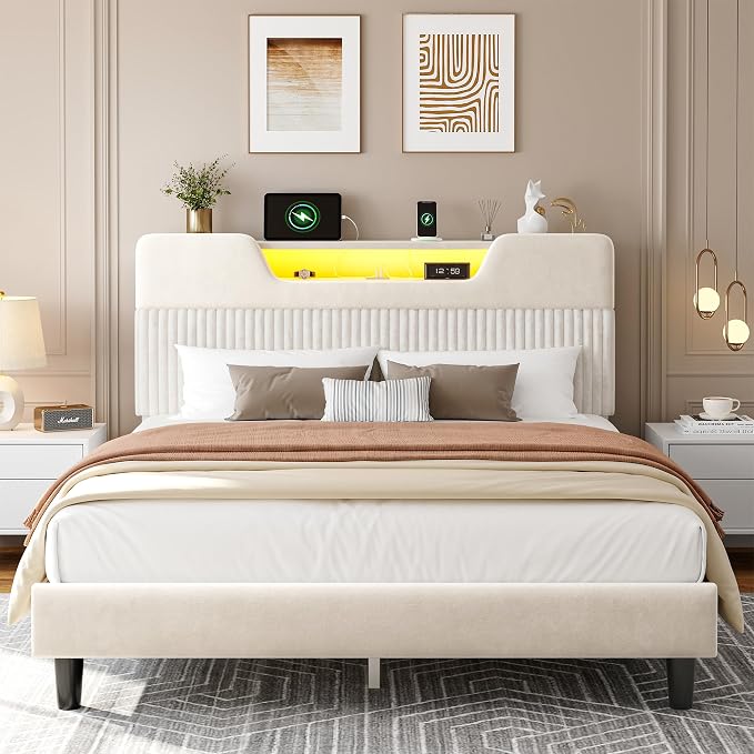 Homkdom Queen Bed Frame with Charging Station & Storage Headboard,White | 1USB-C & 2USB-A Charging, RGB LED Lights,7.78" Under-bed Storage,Velvet Upholstered Headboard,No Box Spring,Easy Assembly.
