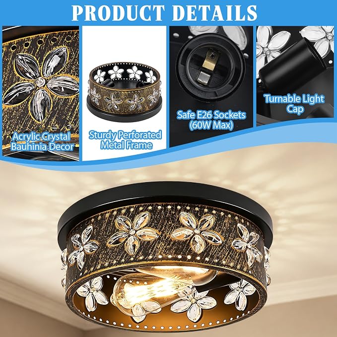 10.6 Inch Black Gold Flush Mount Ceiling Light Fixture, 2 Pack | 2-Light, Flower, Farmhouse, Kitchen, Dining Room, Bedroom, Living Room, Foyer, Entryway