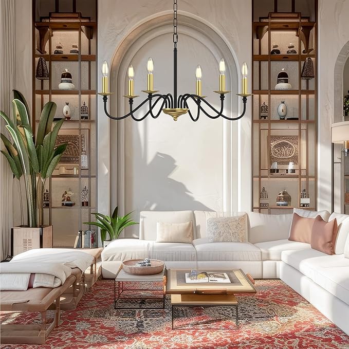 Rustic Farmhouse Candle Chandelier for Dining Room, 6-Light Rustic Black Iron Light Fixture with Classic S-Arm Design for Kitchen Island, Living Room, Foyer-Black and Gold