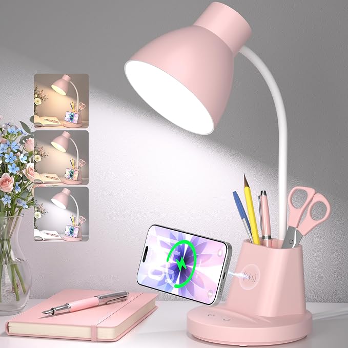 10W Wireless Charging LED Desk Lamp with Pen Holder, CRI 95, Pink | 800LM, 3 Modes, 360°Flexible Arm, Touch, Brightness, Table Lamp for Home Office, Dorm, Bedside, Study, Reading, with Adapter