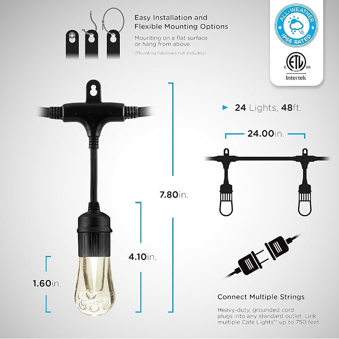 Enbrighten Vintage Outdoor String Lights, 48ft, 24 Bulbs, Remote Control | Coloring Changing LEDs, Weatherproof, Shatterproof Acrylic Bulbs, Drop Cord, Easy Install Keyholes, Linkable up to 750ft