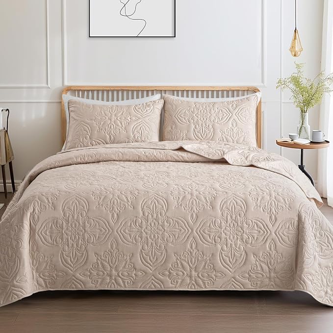 Whale Flotilla Queen Quilt Bedding Set Vintage Damask Reversible Bedspread | Suitable for Bed, 3 Pieces Brich Beige Lightweight Breathable Quilts Queen Size, Ultrasonic Coverlet with 2 Pillow Shams