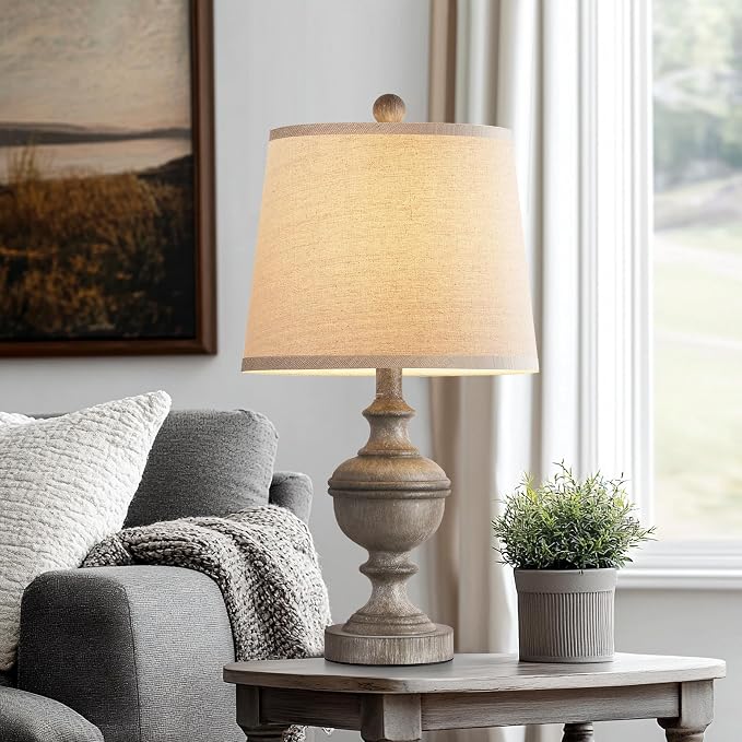 Retro Table Lamps Set of 2, Bedside Lamp for Bedroom Rustic Farmhouse Table Lamps for Living Room, Vintage Nightstand Lamps with White Shades, Grey