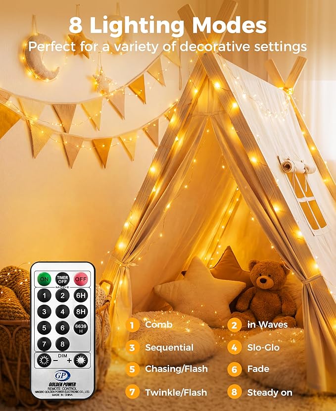 Plug-in Fairy Lights, 33 Ft 100 LED String Light with Remote, 8 Modes, Timer and Dimming Twinkle Lights for Indoor, Bedroom, Party, Decoration, Holiday, Warm White