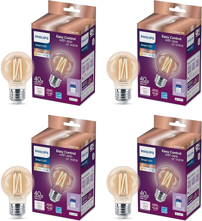 Philips Smart Vintage G16.5 40W Tunable White Filament LED Smart Bulb 4 Pack - E26 Indoor -Connect to Your Wi-Fi - Control with Voice or App - Powered by WiZ Connected