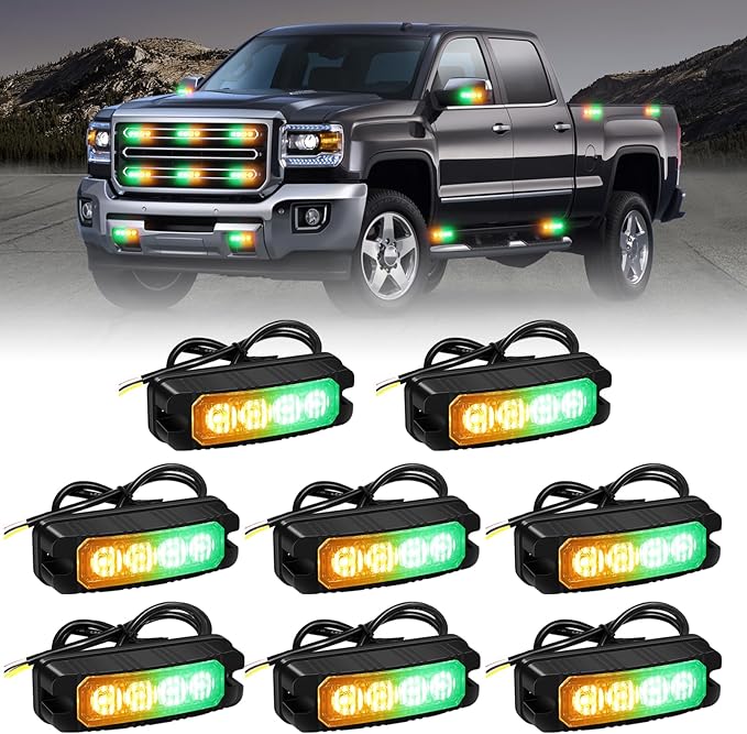 XRIDONSEN 8PCS Sync Truck Grill Strobe Lights 32 LED Amber Green Emergency Lights Grille Surface Mount Strobe Flashing Warning hazard Caution Safety Light for Tow Plow Trucks Construction Vehicles Car