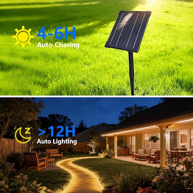 Solar Rope Lights Outdoor Waterproof 32.8FT 3000K for Step, Garden, Patio | 2 Pack 4000mAh Battery 600 LEDs 3000K Warm White Solar Powered Dusk to Dawn IP65 Bright Thick with 4 Modes Landscape Lighting