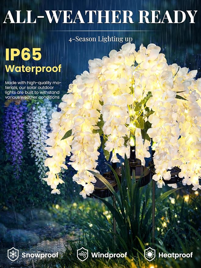 GIGALUMI 2 Pack Solar Wisteria Flowers Outdoor, 2 Modes, White | Flower Lights, IP65 Waterproof, Auto On/Off, Solar Powered, Garden Decor, for Pathway, Yard, Patio, Gardening Gifts for Women