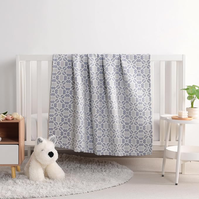NTBAY 3 Layer Muslin Toddler Blanket, 30 x 40, Blue Clover | Breathable Muslin Cotton Outer Layers with Light Thermal Fill, Reversible for Stroller, Daycare, Travel, and Supervised Use