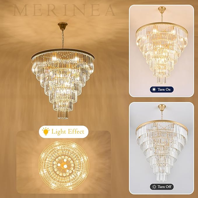 Large Crystal Chandelier Modern Gold 36" Round Chandeliers for Staircase 22 Lights 7-Tier Luxury K9 Crystal Ceiling Pendant Light Fixture for High Ceiling Living Room Foyer