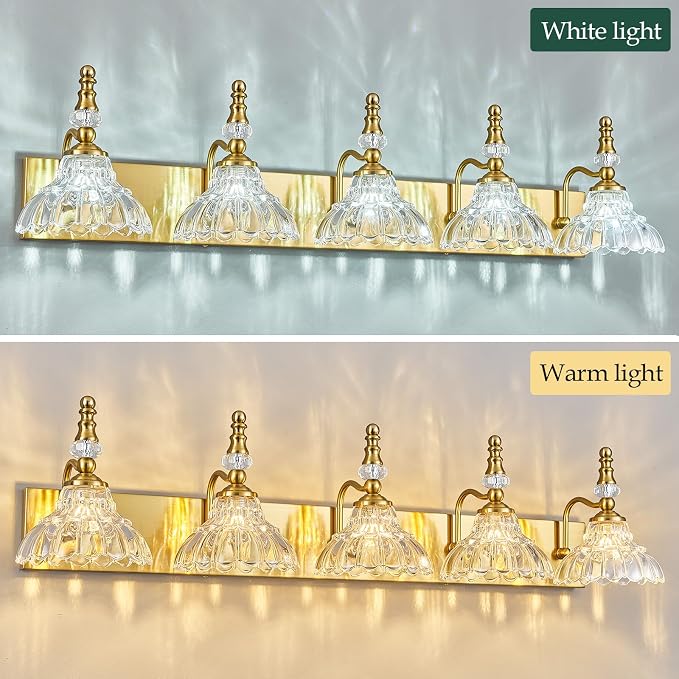 Vintage Bathroom Vanity Light, 5-Light Gold Vanity Lighting Fixture with Flower Glass Shade, Bathroom Lighting Fixtures Over Mirror