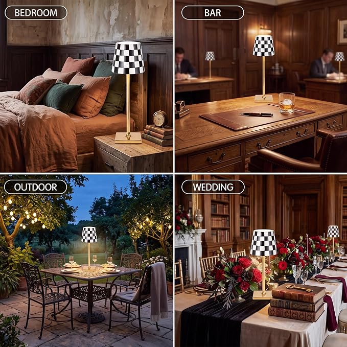 Pickmesh 1 Pack Black Checkered Mahjong Cordless Lamp Scalloped Edge Mahjong Print LED Lamp 3 Color Dimmable Rechargeable Stylish Lamps for Mah Jong Table Living Room Nightstand Desk