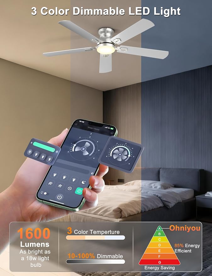 Ohniyou 52'' Silver Low Profile Ceiling Fan with Lights, Remote/APP Control | Flush Mount, Dimmable 3CCT LED, Quiet Reversible DC Motor; Memory Function, 5475 CFM, for Bedroom Living Room Kitchen