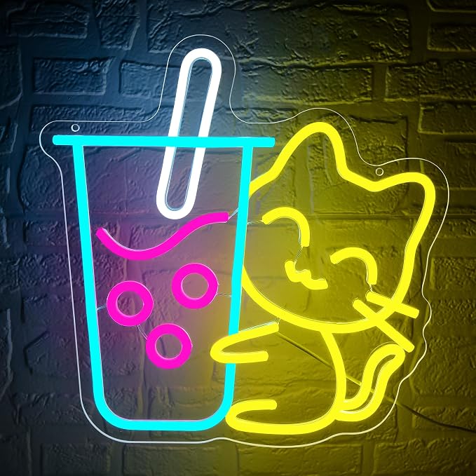 Cat Boba Tea Neon Sign for Wall Decor Bubble Tea Neon Light Dessert Shop | Dimmable LED Neon,Birthday Milk Shake Gifts,Led 5V USB Powered,Man Cave,Summer Party Decor,Business Bar,Pub Art,14.5*10in